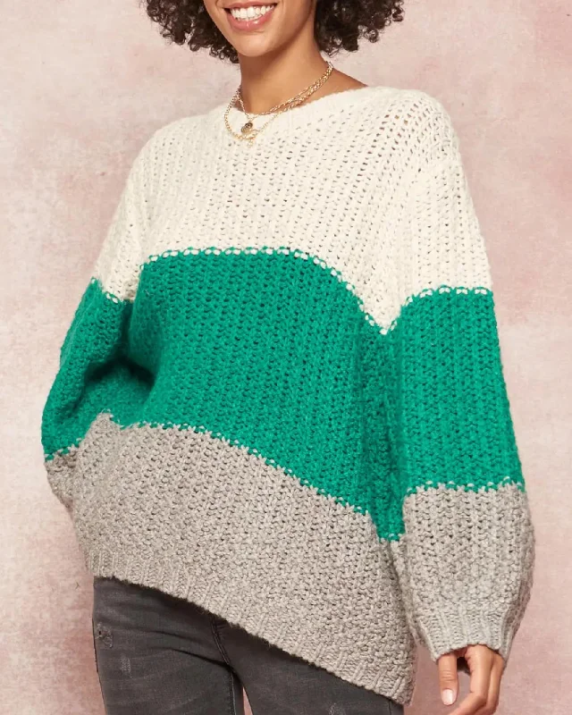 Oversized Colorblock Crochet Knit Sweater In Ivory/green/grey Stylish Fashionable Trendy