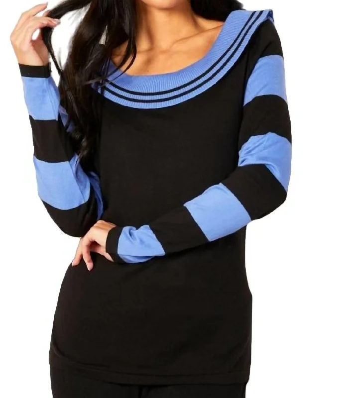 Stripe Cowl Neck Sweater In Black/periwinkle Bright Pastel Dark