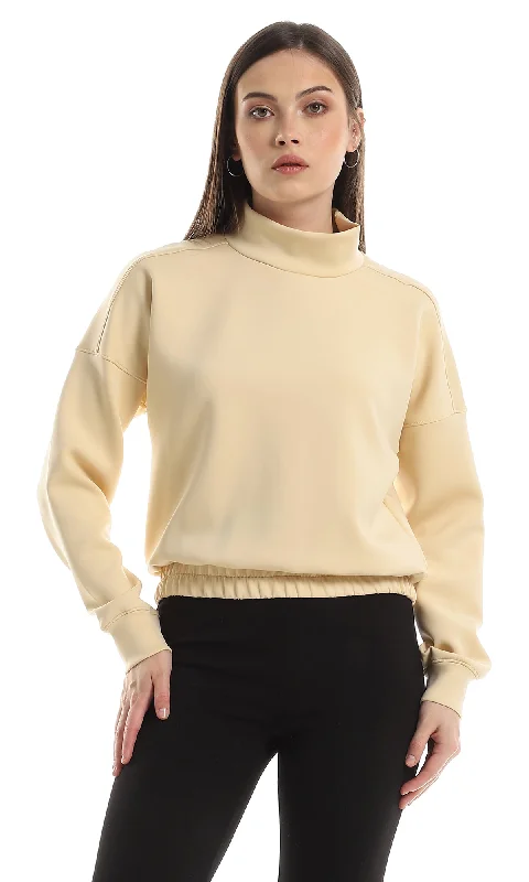 O153036 Mock Neck Plain Soft Long Sleeves Sweatshirt - Light Beige Hoodie with Slim Fit Tailored Modern