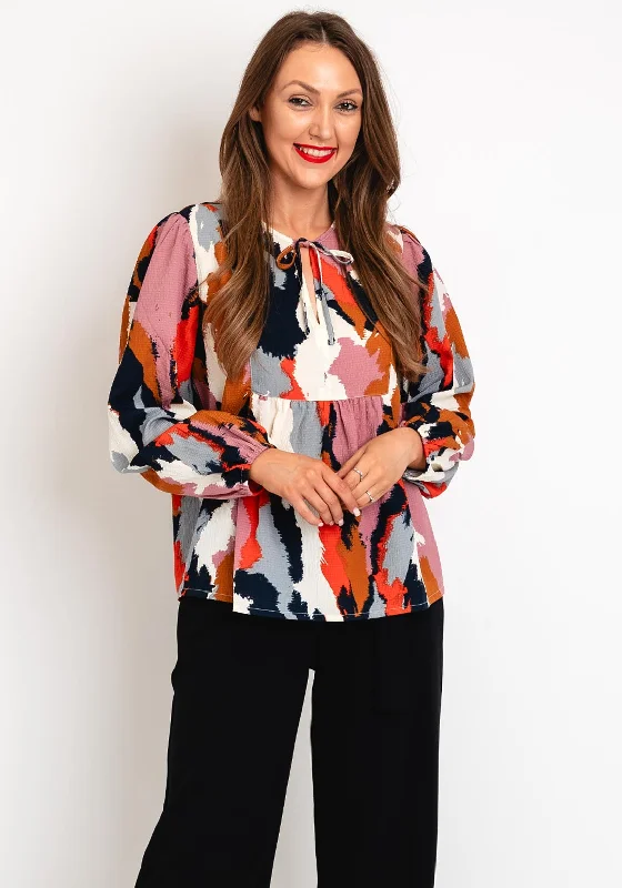 Ichi Tie Neck Textured Print Blouse, Multi Classic Minimalist Blouse