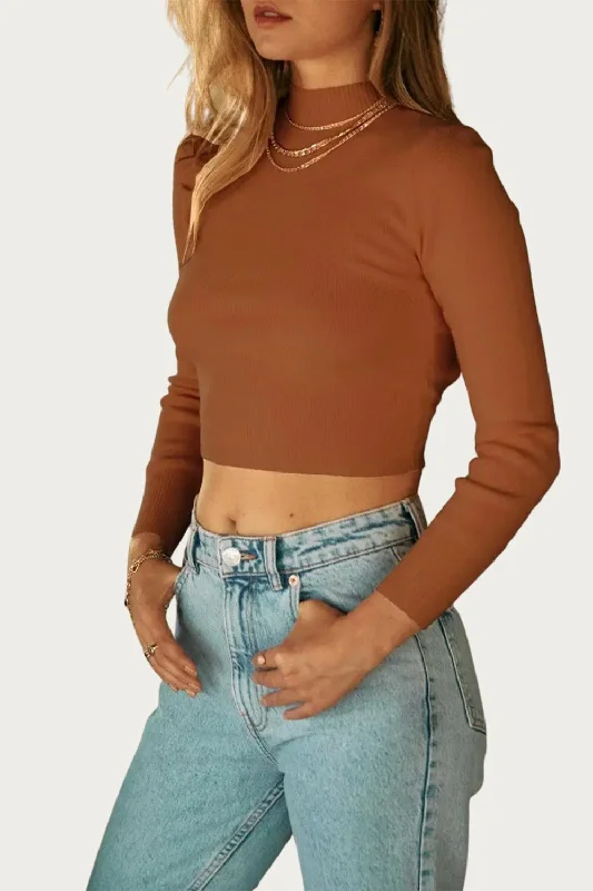 Cropped Open-Back Mock Neck Sweater In Amber Brown Boat Neck Shawl Collar Notched Collar