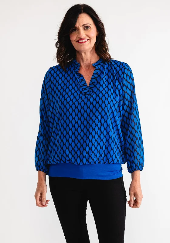 Kate and Pippa Bella Printed Blouse, Blue Lightweight Linen Blouse