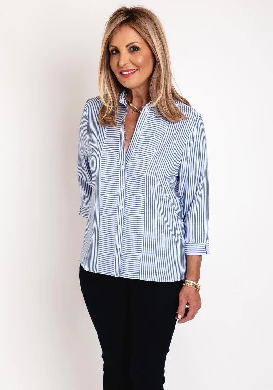 Erfo Asymmetrically Striped Blouse,Blue Feminine Tie Blouse