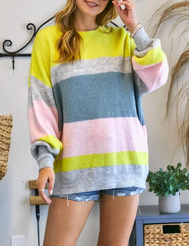 Striped Crewneck Sweater In Yellow/grey/pink Front Pockets Side Pockets Patch Pockets