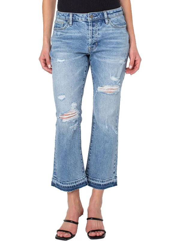 Womens Distressed Mid-Rise Bootcut Jeans Comfortable Ankle Jeans