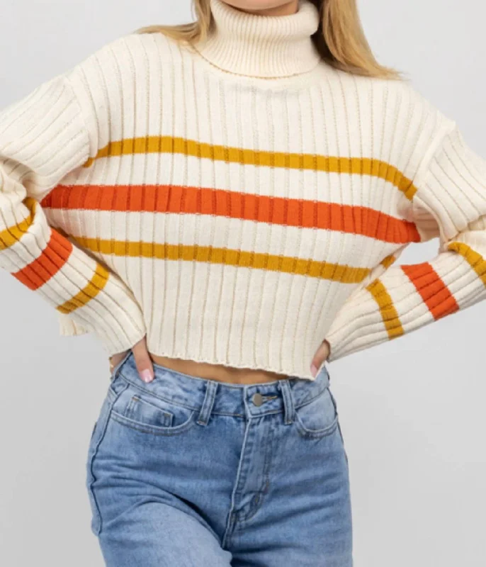 Auburn Stripe Turtleneck Sweater In White Open Front Closed Front Wrap Front