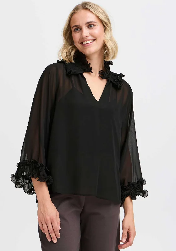 Fransa Lee Ruffle Detail Blouse, Black Stretchy Fitted Blouse