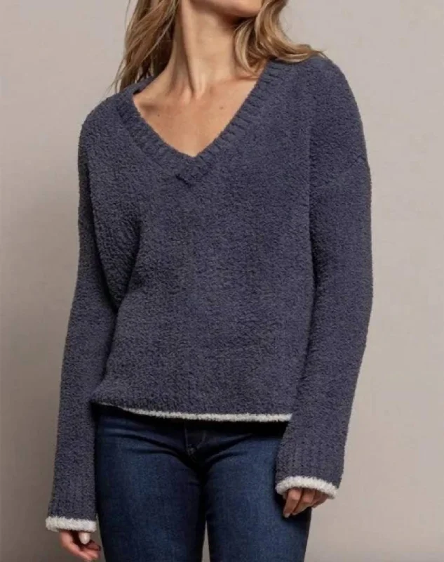 V-Neck Sweater In Deep Blue Tailored Straight A-Line