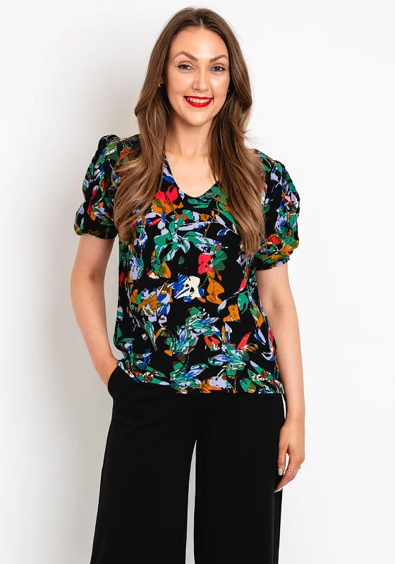 ICHI Celiva Print V-Neckline Blouse, Black Business Casual Blouse