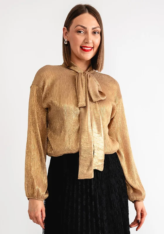 Serafina Collection Metallic Tie Neck Blouse, Gold Romantic Lace Blouse