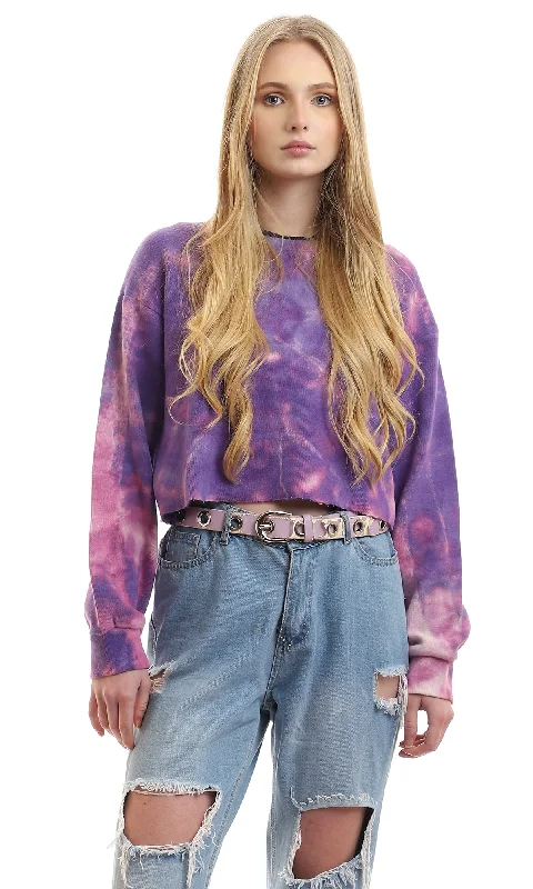 98025 Loose Tie Dye Purple Sweatshirt With Elastic Cuffs Hoodie with Slit Hem Functional Movement