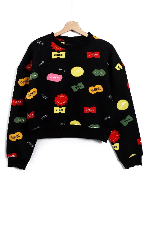 O154500 "Good Vibes" Printed Cropped Black Long Sleeves Sweatshirt Hoodie with Thumb Holes Functional Cozy