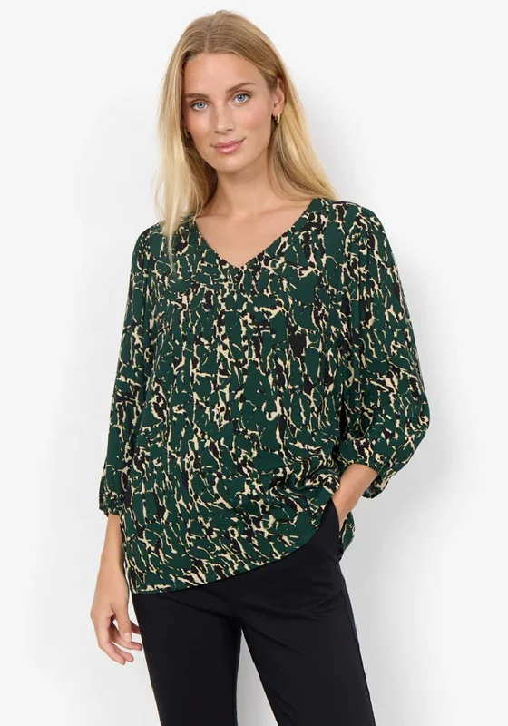 Soyaconcept Vickie V-Neck Print Blouse, Dark Green Versatile Layering Blouse