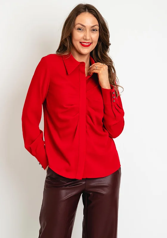 Birelin Pointed Collar Ruched Blouse, Red Lightweight Floral Blouse