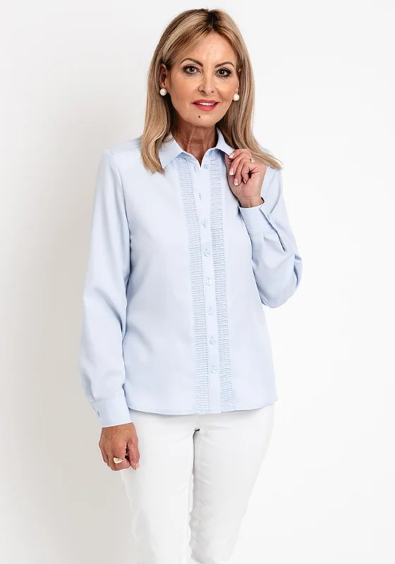 Erfo Shirred Placket Blouse, Light Blue Elegant Embroidery Blouse