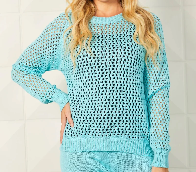 Crochet Crew Neck Sweater In Aqua Hooded Caped Shawl Collar