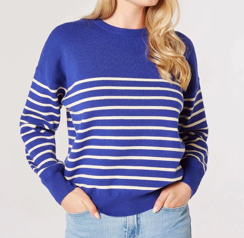 Crew Neck Striped Sweater In Cobalt Solid Print Embellished