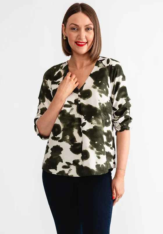 Freequent Julie Blur Print V Neck Blouse, Green Cotton Casual Blouse