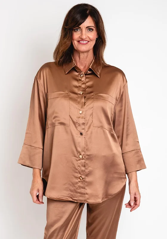 Malissa J One Size Sleek Satin Blouse, Caramel Casual Relaxed Fit Blouse