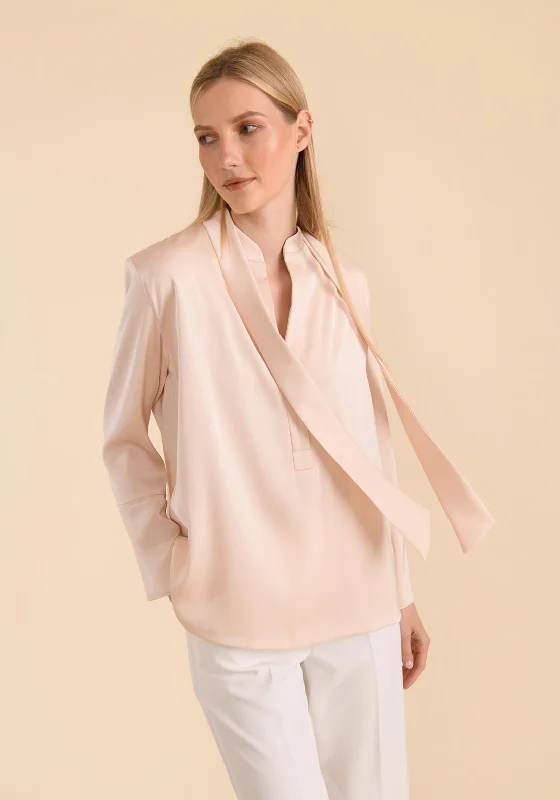 Caroline Kilkenny Abbey Sash Neckline Satin Blouse, Vanilla Sheer Sleeve Blouse