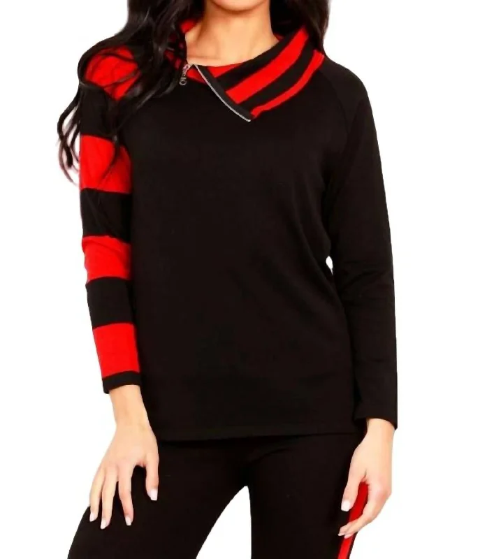 Striped Zip Neck Sweater In Black/red Satin Blend Silk Blend Wool Blend