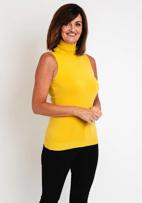 Serafina Collection Sleeveless Knitted Sweater, Yellow Turtle Neck Boat Neck Asymmetrical Neck