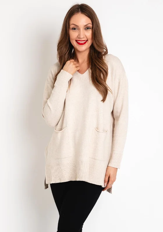 D.E.C.K By Decollage One Size Pocket Detail Knit Sweater, Beige Open Front Closed Front Wrap Front