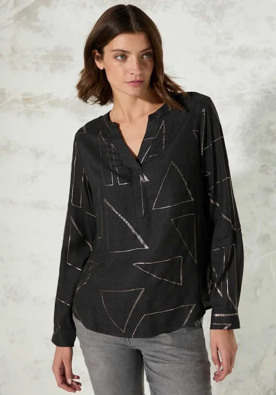 Cecil Geo Foil Print V Neck Blouse, Black Satin Drape Blouse