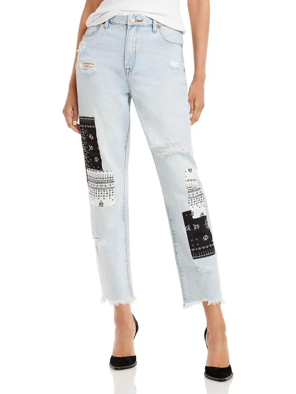 Womens Denim Patchwork Cropped Jeans Chic Rolled Cuff Denim Jeans