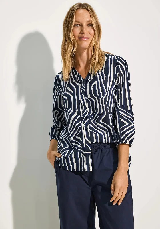 Cecil Printed V Neck Blouse, Navy Multi Soft Satin Blouse