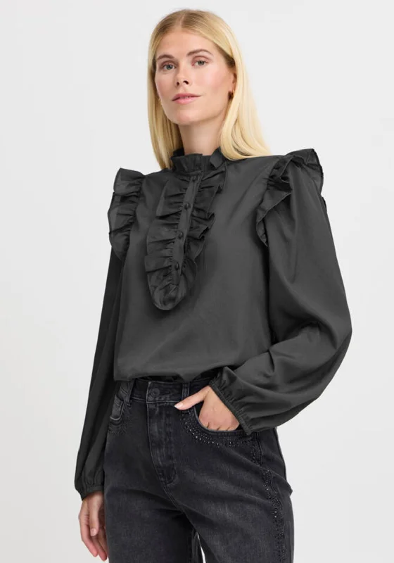 b.young Ruffle Detail Blouse, Dark Grey Classic Striped Blouse