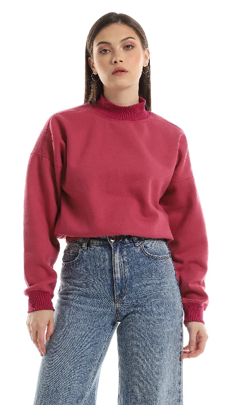 O156064 Inner Fleece Mock Neck Sweatshirt With Elastic Trim - Dark Fuchsia Hoodie with Hem Raw Edge Edgy Unfinished