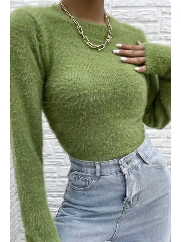 Fuzzy Open Back Sweater In Green Casual Formal Business