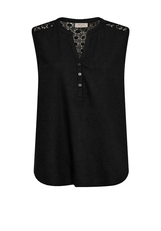 Freequent Larry Linen Sleeveless Blouse, Black Slim Fit Blouse