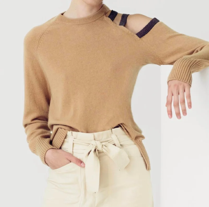 Open Shoulder Embellished Sweater In Camel Toggled Drawstring Belted