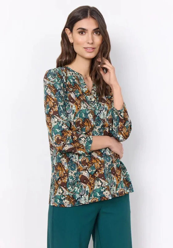 Soyaconcept Marica Floral Print V-Neck Blouse, Dark Green Slim Fit Blouse