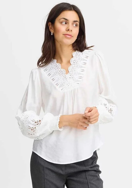 Fransa Blondie Crochet Panel V Neck Blouse, White Vintage Polka Blouse