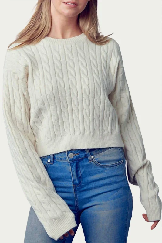 Cropped Cable-Knit Crewneck Sweater In Cream Boat Neck Shawl Collar Notched Collar