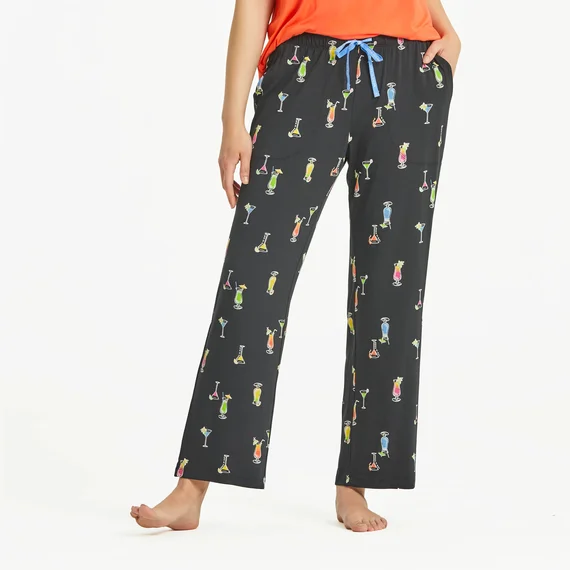 Life is Good. Women's Martini and Cocktail Pattern Lightweight Sleep Pant, Jet Black Soft Stretch Leggings