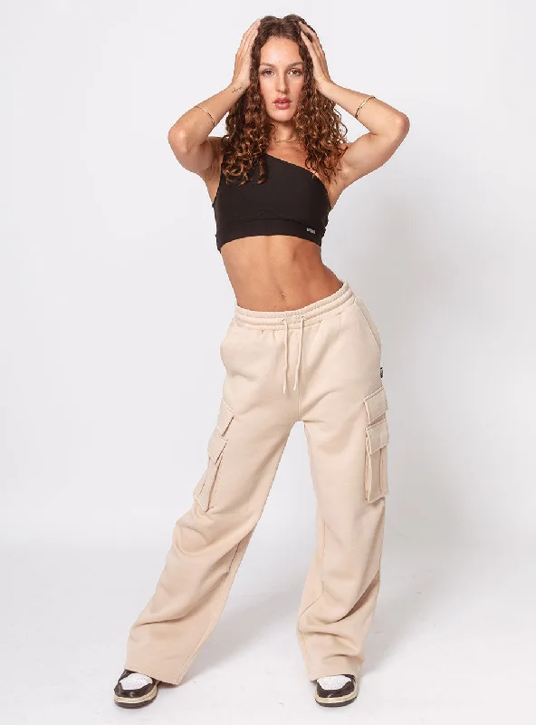 Women's Pop & Lock Cargo Pants Beige Stylish Elastic Waist Pants