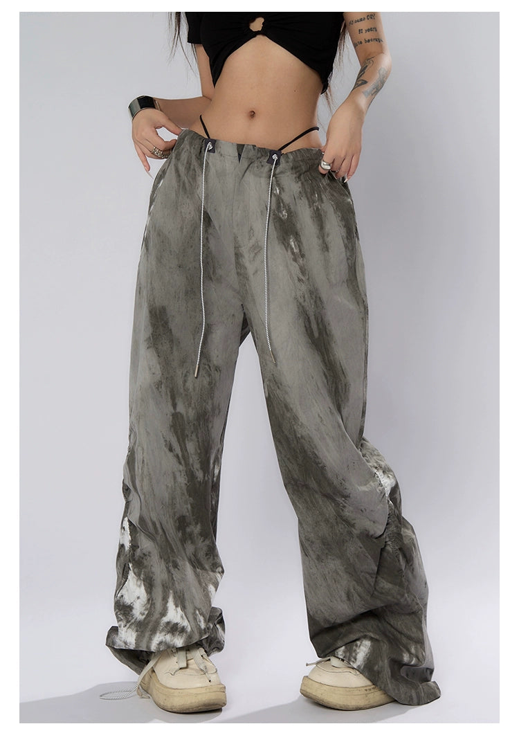 Ink-Dyed Traditional Wide-Leg Cargo Pants Stylish Paperbag Waist Pants