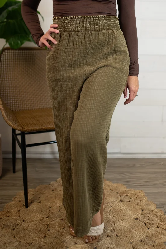 Smocked Waisted Mineral Washed Cotton Gauze Pants-Olive Elegant Trouser Pants