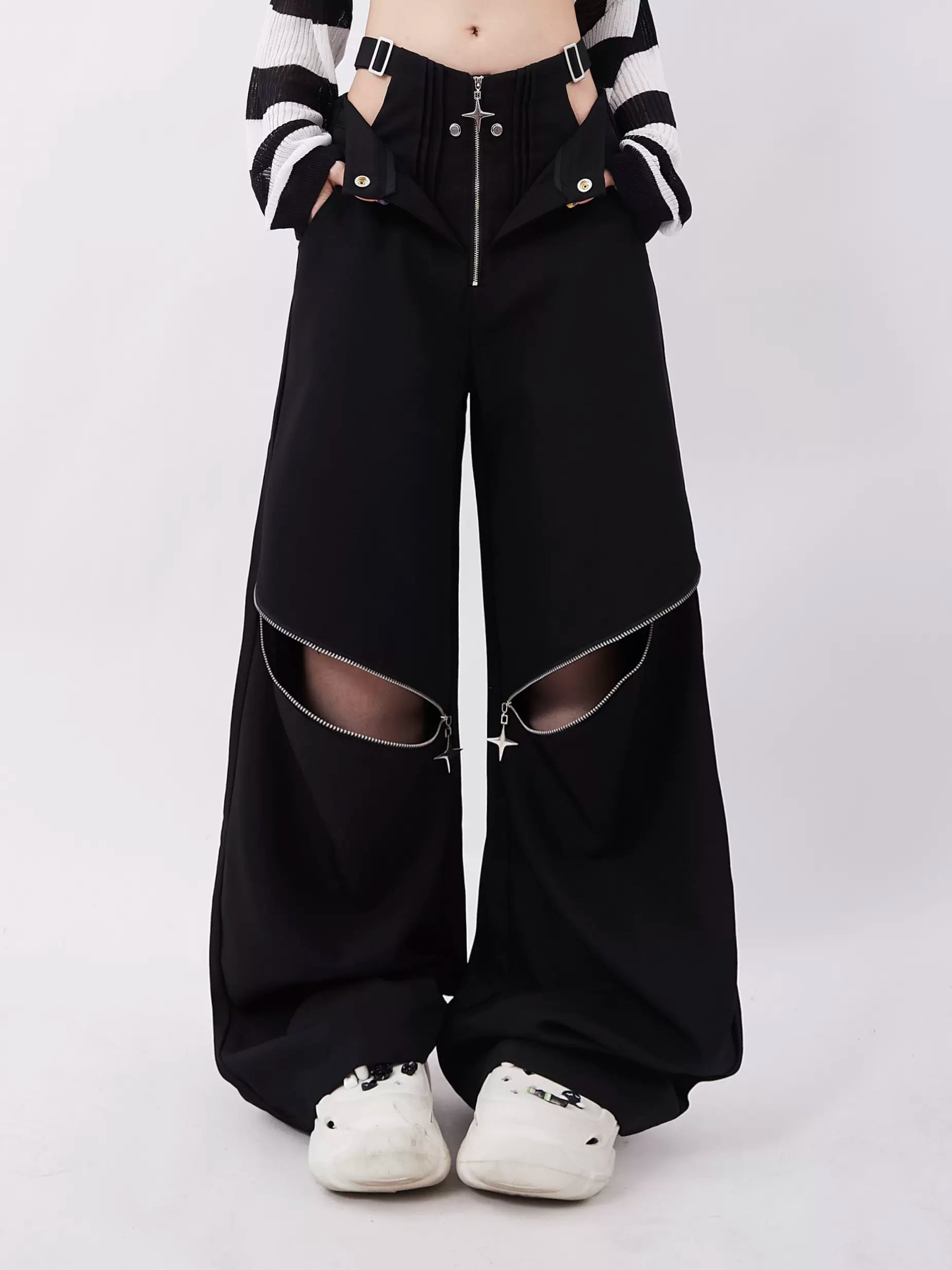 Zipper Two-Wear Wide Leg Casual Pants Casual Drawstring Pants