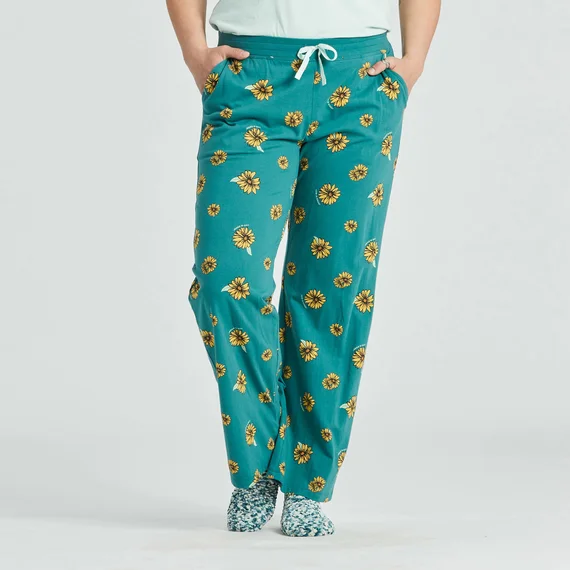 Life is Good. Women's Tossed Sunflower Pattern Snuggle Up Sleep Pant, Spruce Green Modern Stretch Trousers