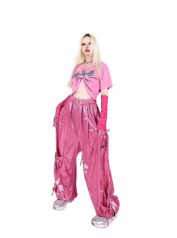 PINKSPINK Metallic Cargo Balloon Pants - Silver/Hot Pink Trendy Palazzo Pants