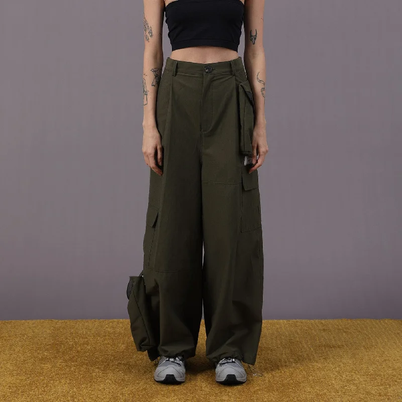 Detachable Pockets Wide-Leg Cargo Pants Comfy Zip-Up Pants