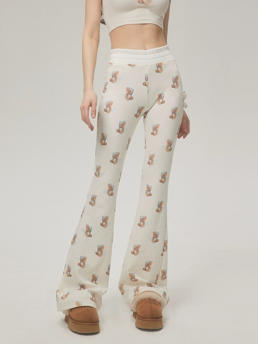 Trendy Bear Print Casual Pants With Subtle Flare Leg Trendy Palazzo Pants