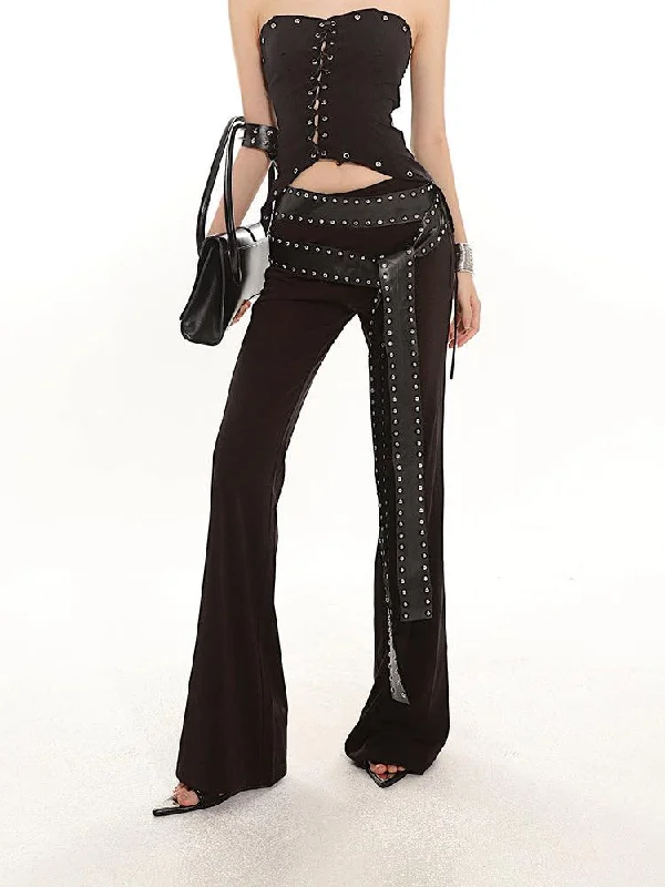 Studded Strap Flared Black Stretch Pants Formal Stretch Pants