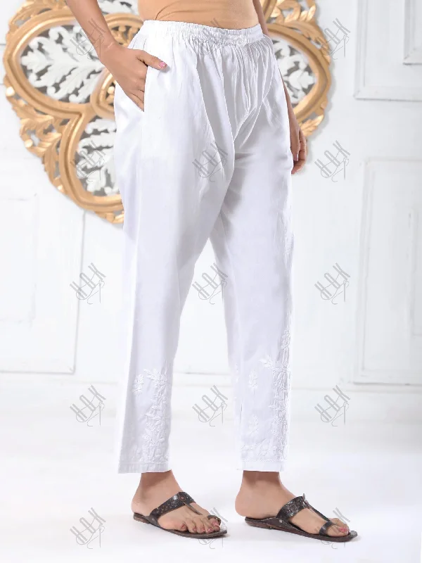 House Of Kari Chikankari Embroidered Cotton White Relaxed Pants-10 Casual Track Pants