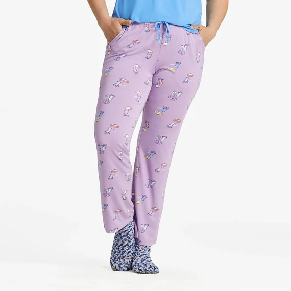 Life is Good. Women's Beach Life Pattern Lightweight Sleep Pant, Violet Purple Trendy Tapered Pants